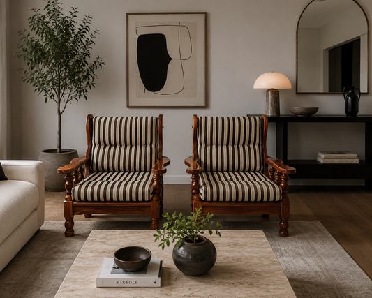 1970s Danish-Style Carved Oak Lounge Chairs with Ottoman