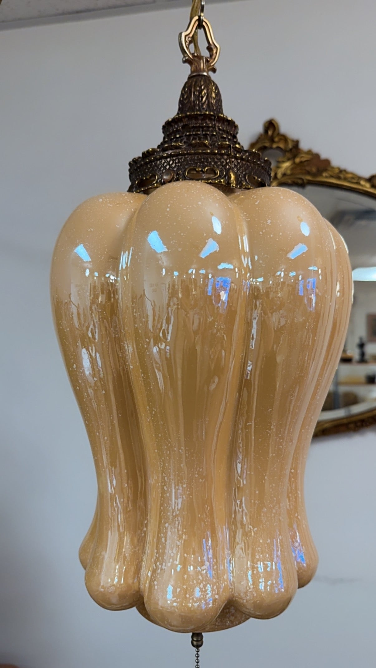 Stunning 70s Peach Luster Globe Swag Pendant Light
