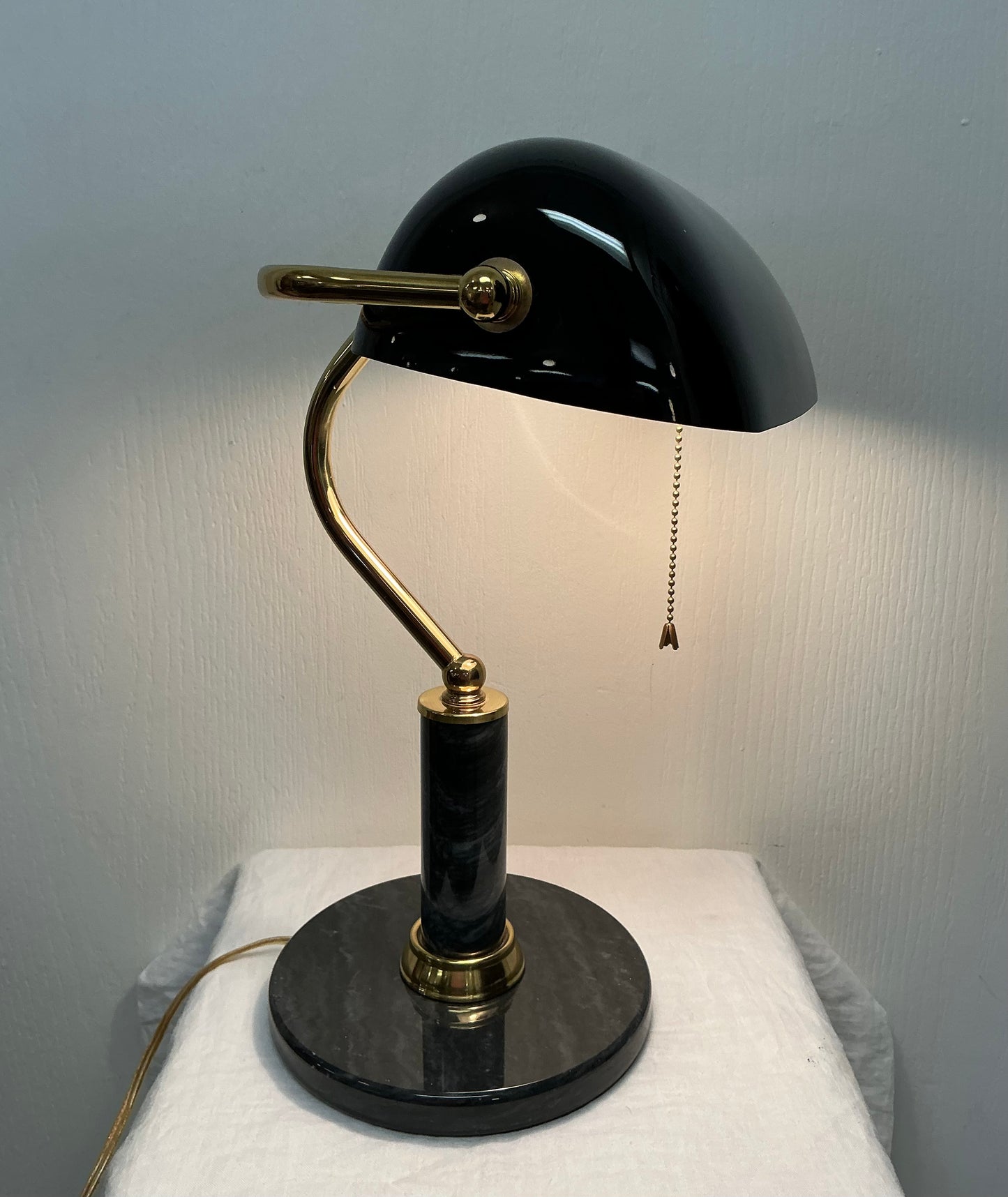 Black Brass & Marble Banker’s Desk Lamp with Glass Shade