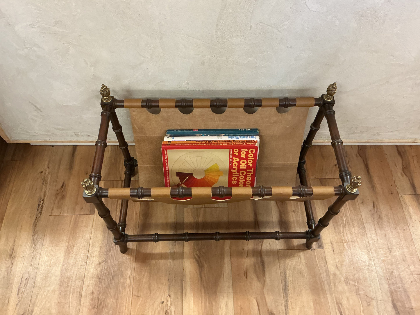 Jacques Adnet Style Faux Bamboo & Leather Magazine Rack