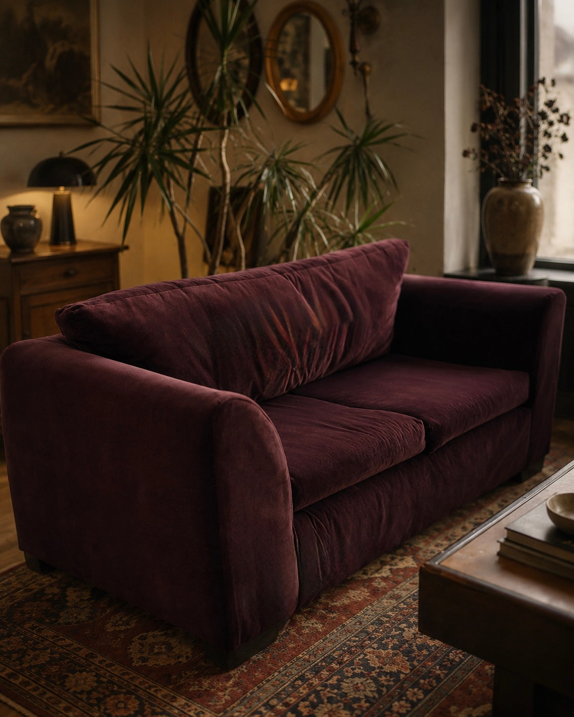 VINTAGE VELVET EGGPLANT LOVE SEAT