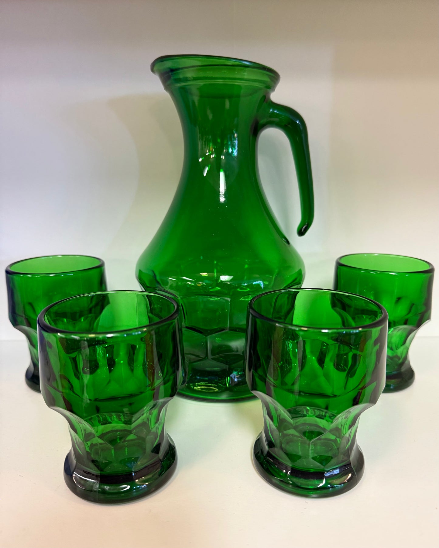 Vintage 1960s–70s Italian Emerald Green Carafe & Tumblers Set
