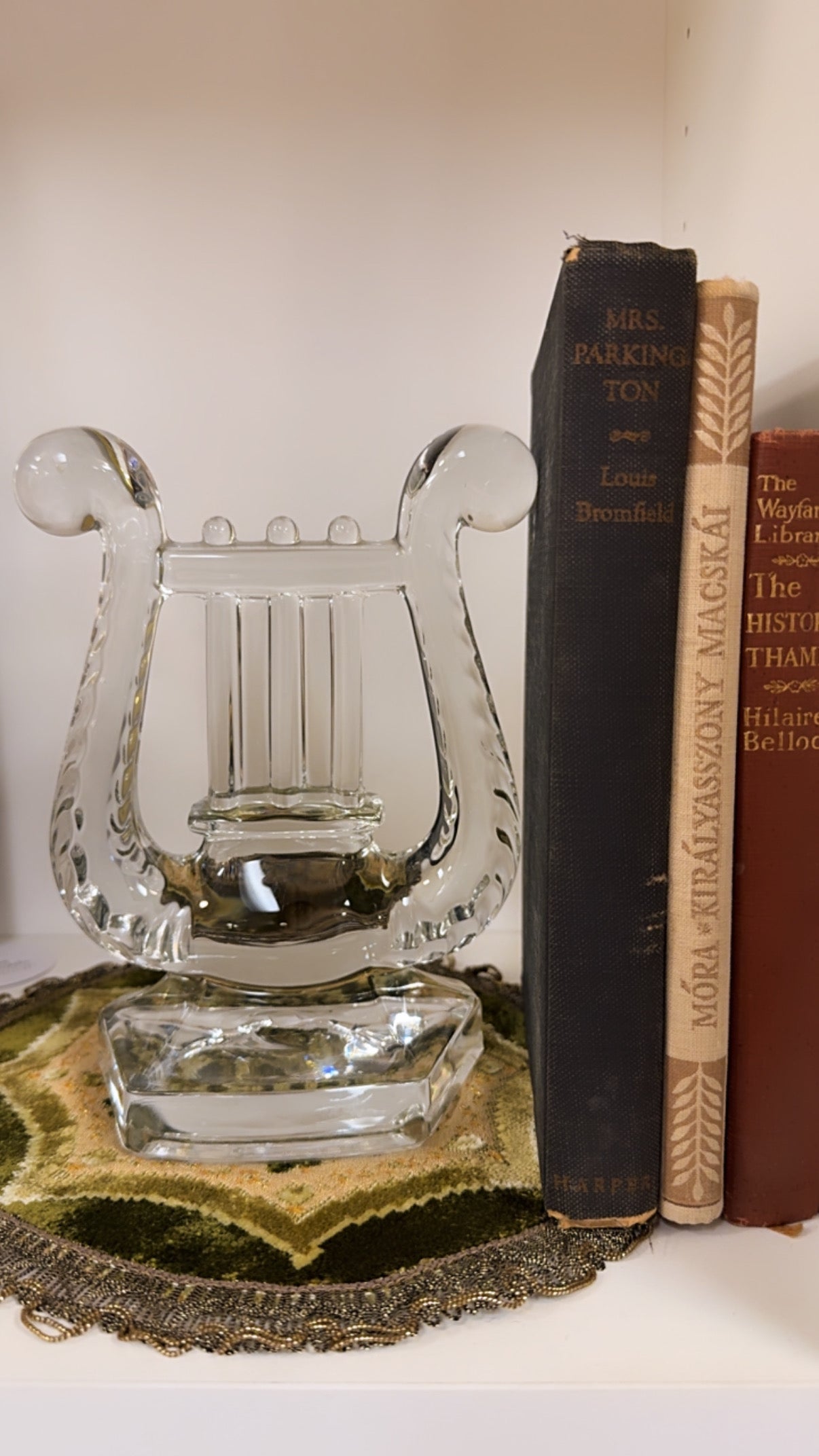 50s Fostoria Glass Lute / Lyre / Harp Crystal Bookend